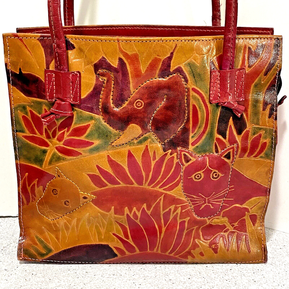 Vintage Hand Painted & Tooled Leather Two Handle Tote Bag Purse Elephant Animals - Picture 2 of 10